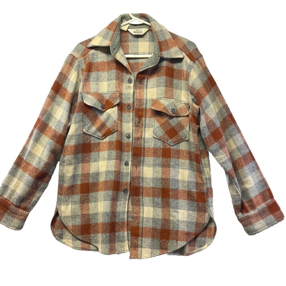 VINTAGE Woolrich Shirt Mens Medium 1970s Heavy Wool Nylon Button Down Orange